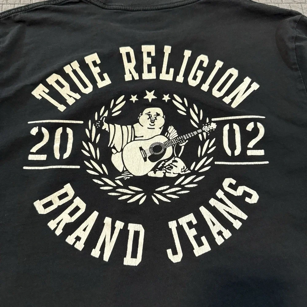 Y2K True‎ Religion Shirt Men Large Black Graphic Streetwear Skater Buddha Guitar